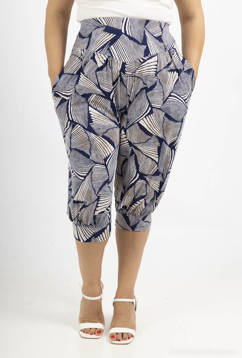 Plus Size Sju-poängs tryckta cropped byxor med elastisk midja