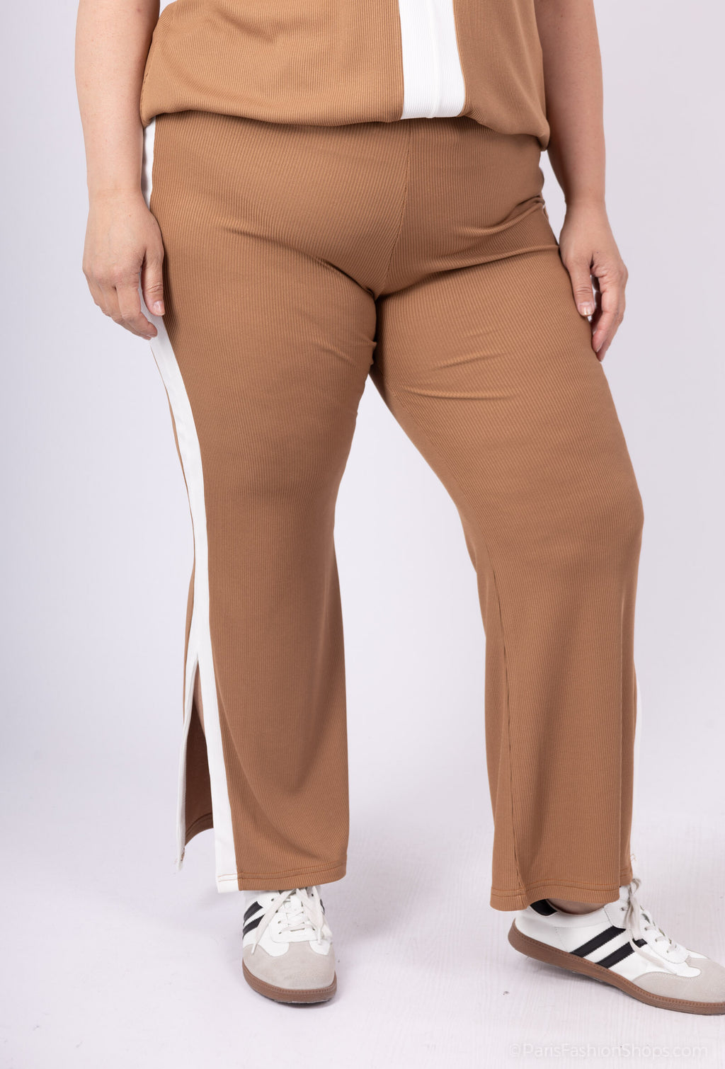 Plus Size Tvåfärgad Elastisk Byxa med Sidoflik och Sprund