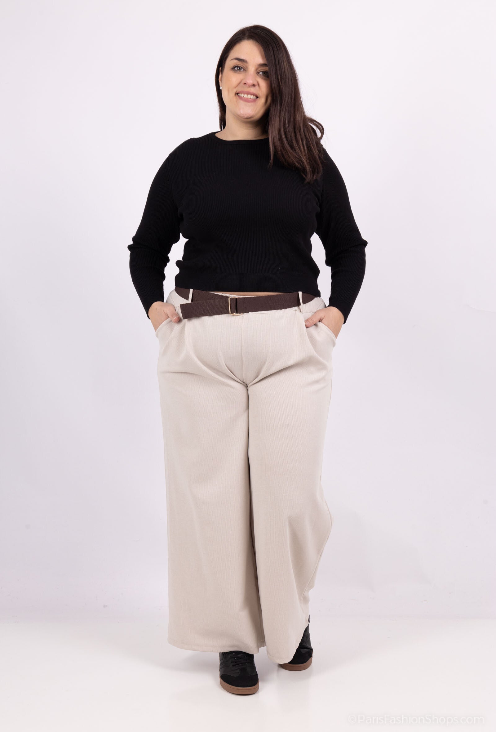 Plus Size Cord Wide Leg Pants med Elastisk Midja och Bälte