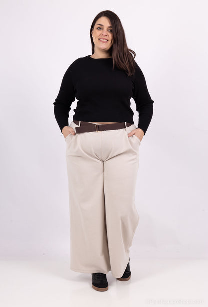 Plus Size Cord Wide Leg Pants med Elastisk Midja och Bälte