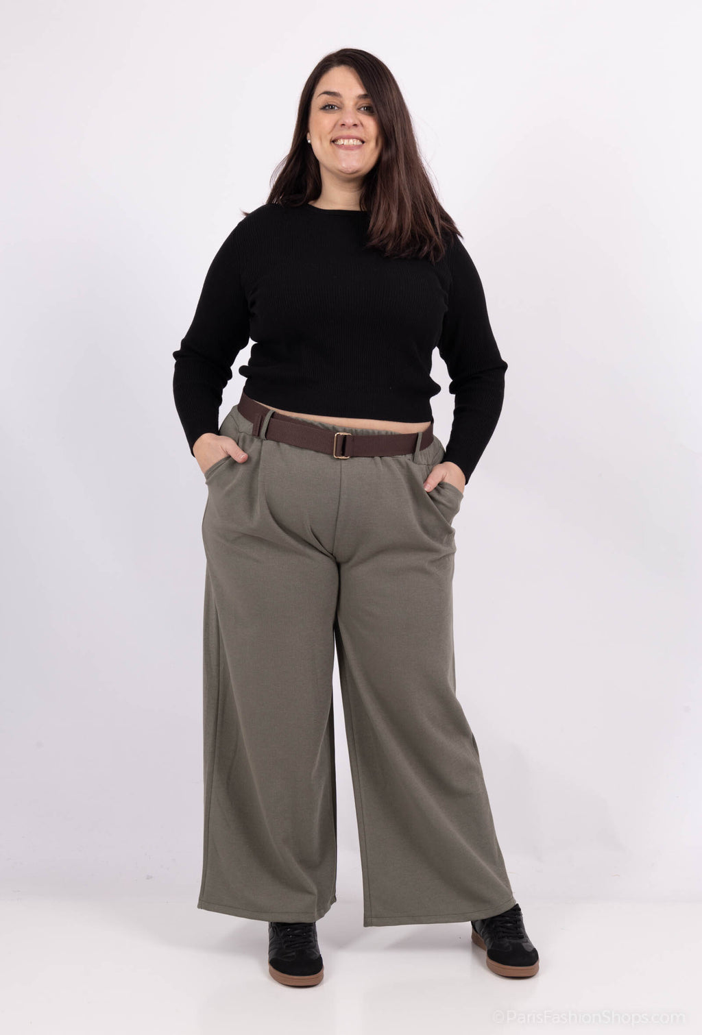 Plus Size Cord wide leg elastic waist pants with a belt