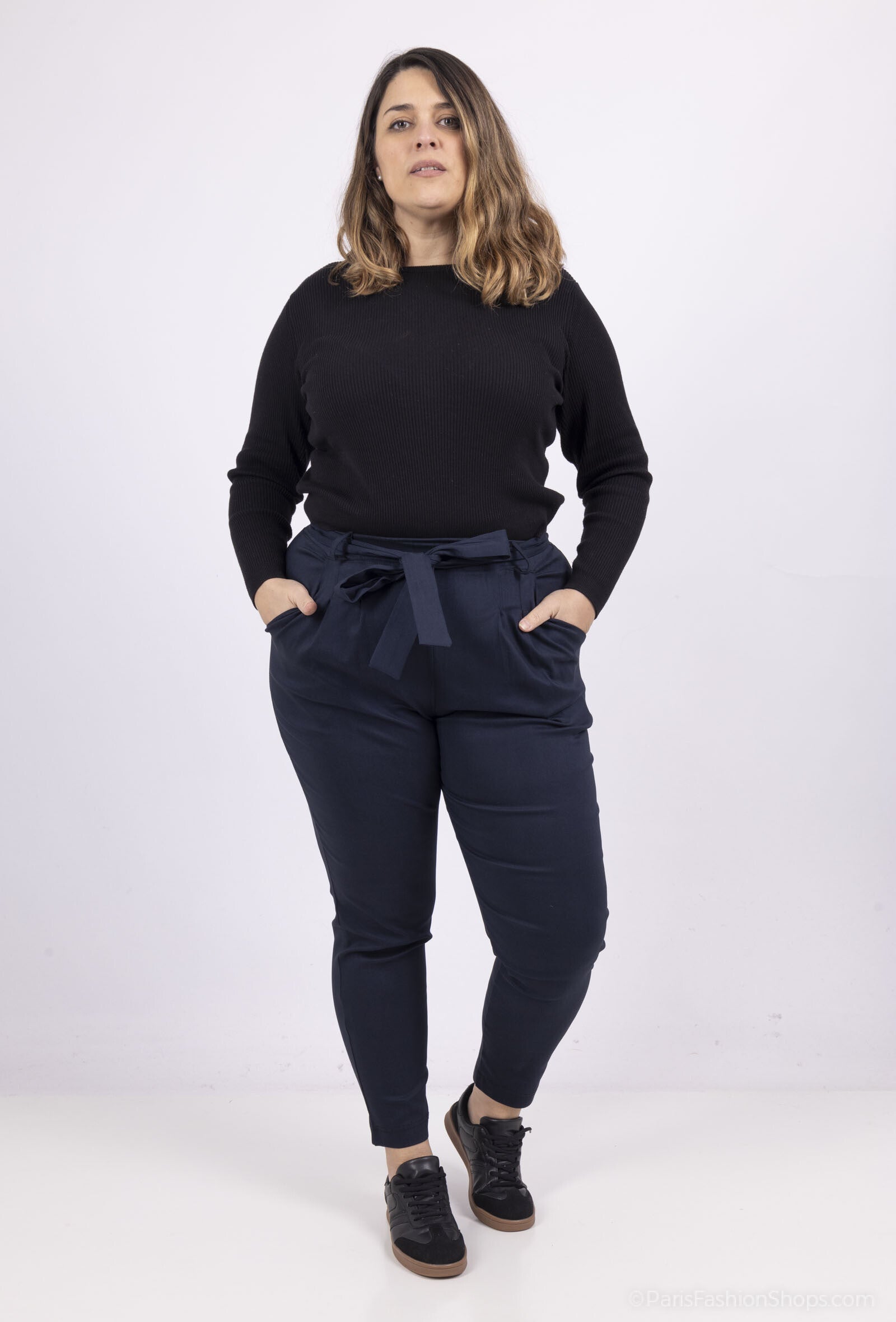 Plus Size Belted pants with gathered waist