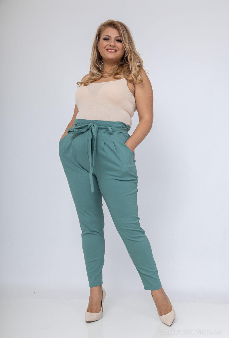 Plus Size Bältesbyxor med Samlad Midja