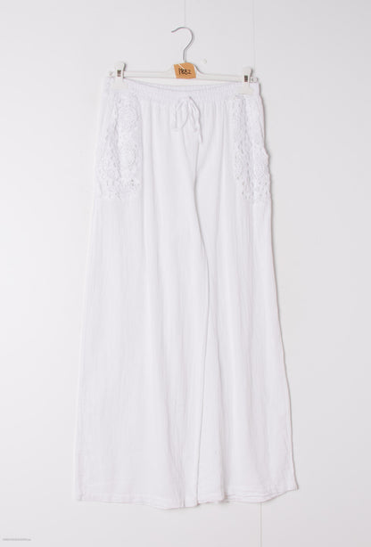 Plus Size Light cotton & linen pants with lace details on the pockets