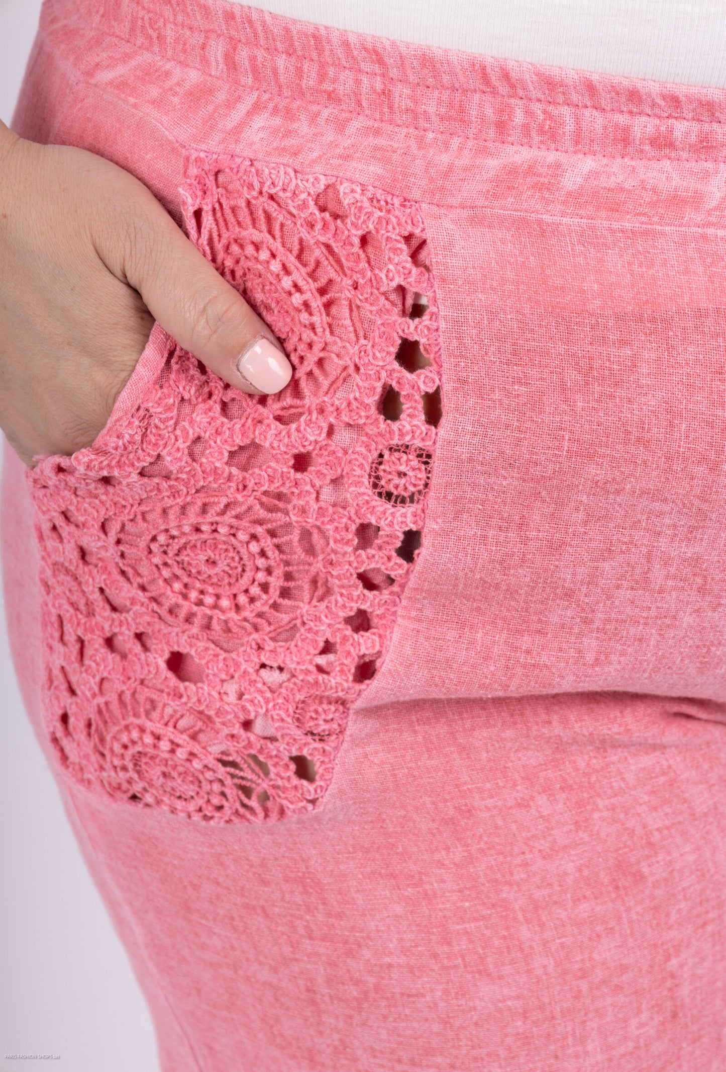 Plus Size Lätta bomulls- och linbyxor med spetsdetaljer
