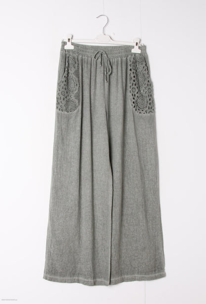 Plus Size Light cotton & linen pants with lace details on the pockets