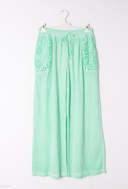 Plus Size Light cotton & linen pants with lace details on the pockets