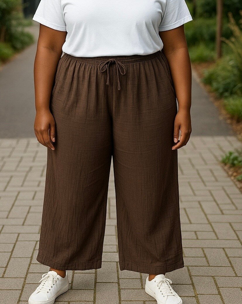 Cotton gauze wide leg pants i Stor Storlek