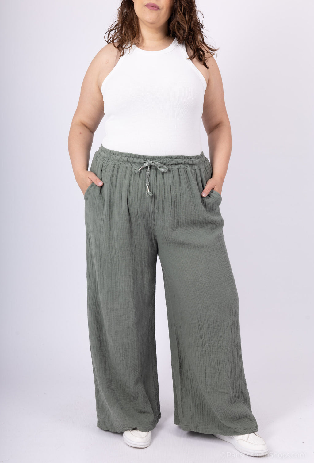 Cotton gauze wide leg pants i Stor Storlek