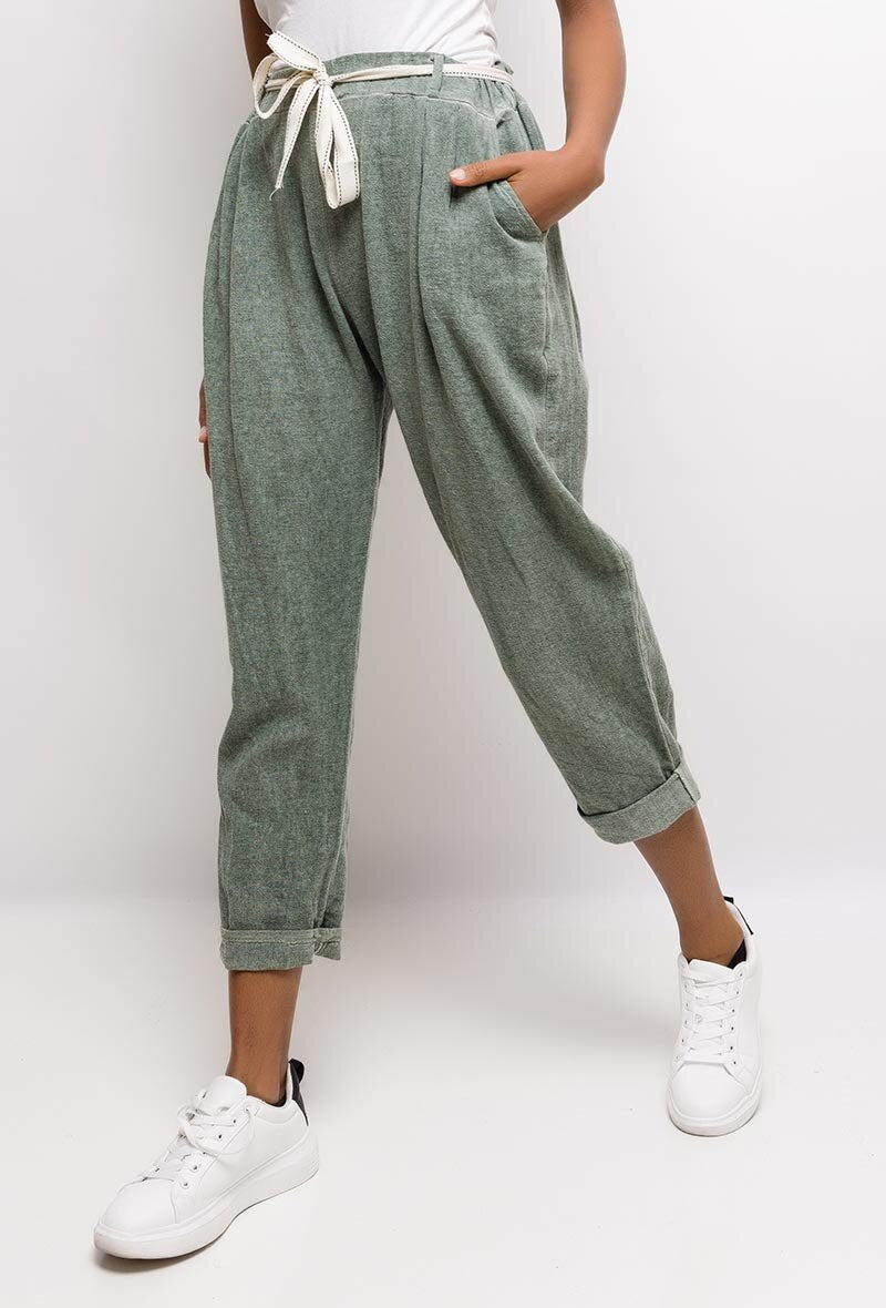 Plus Size Lätta Bomull & Linne Shorts med Bälte