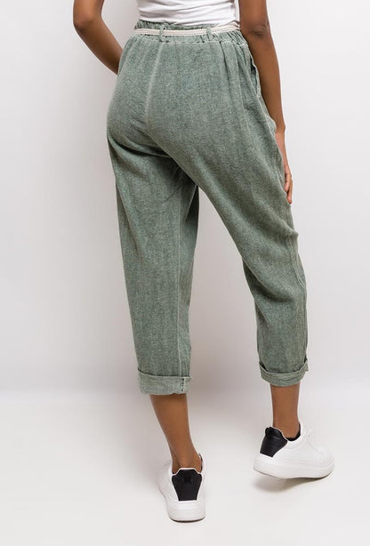 Plus Size Lätta Bomull & Linne Shorts med Bälte