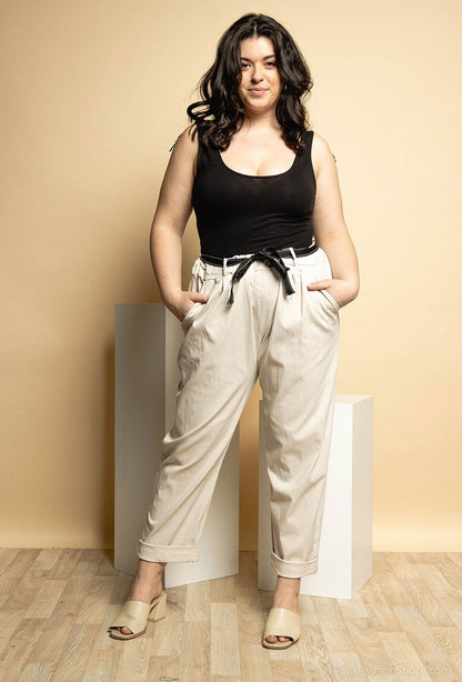 Plus Size Högmidjade Papperssäckseffekt Byxor med Midjeband