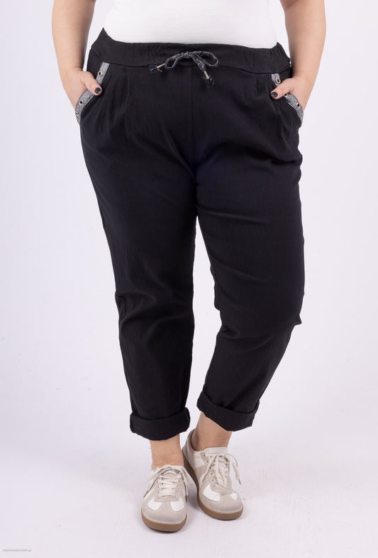 Plus Size Elastiska Midjebyxor med Sidofickor och Fållar