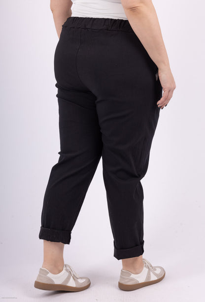 Plus Size Elastiska Midjebyxor med Sidofickor och Fållar