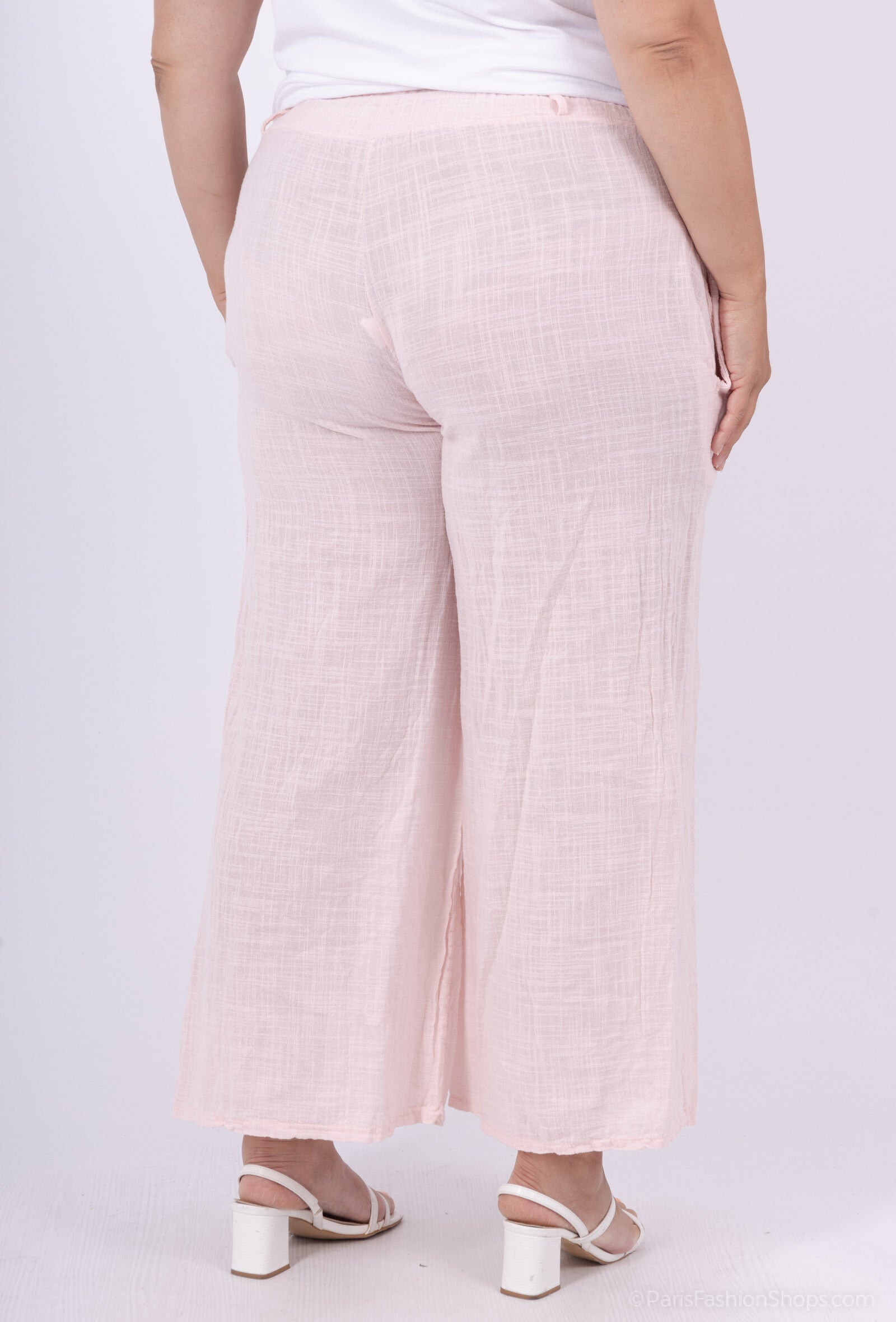 Plus Size Solid Cotton Linen Effect Trousers with Pockets