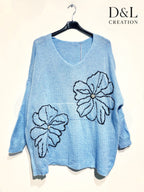 Sweater with floral embroidery and pearls sizes 38 to 52 i Plus Size