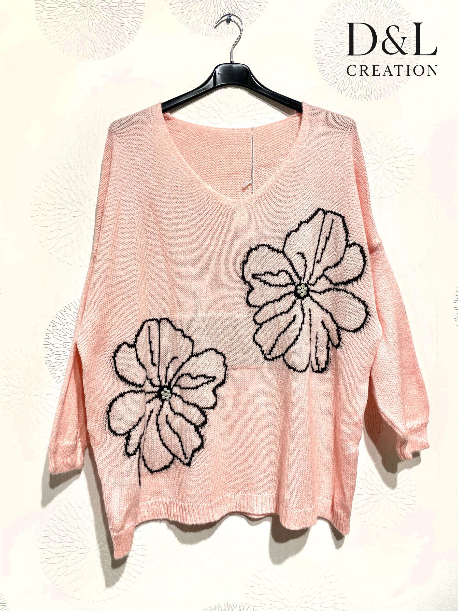 Sweater with floral embroidery and pearls sizes 38 to 52 i Plus Size