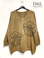 Sweater with floral embroidery and pearls sizes 38 to 52 i Plus Size