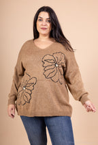 Sweater with floral embroidery and pearls sizes 38 to 52 i Stor Storlek