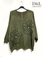 Sweater with floral embroidery and pearls sizes 38 to 52 i Plus Size