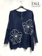Sweater with floral embroidery and pearls sizes 38 to 52 i Plus Size