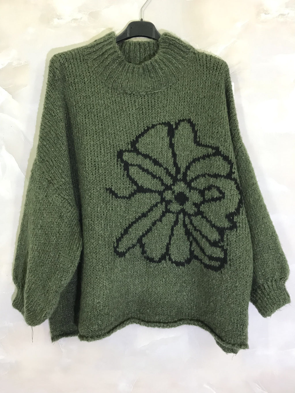 Plus Size Extra Large Högkrage Tröja med Broderad Blomma