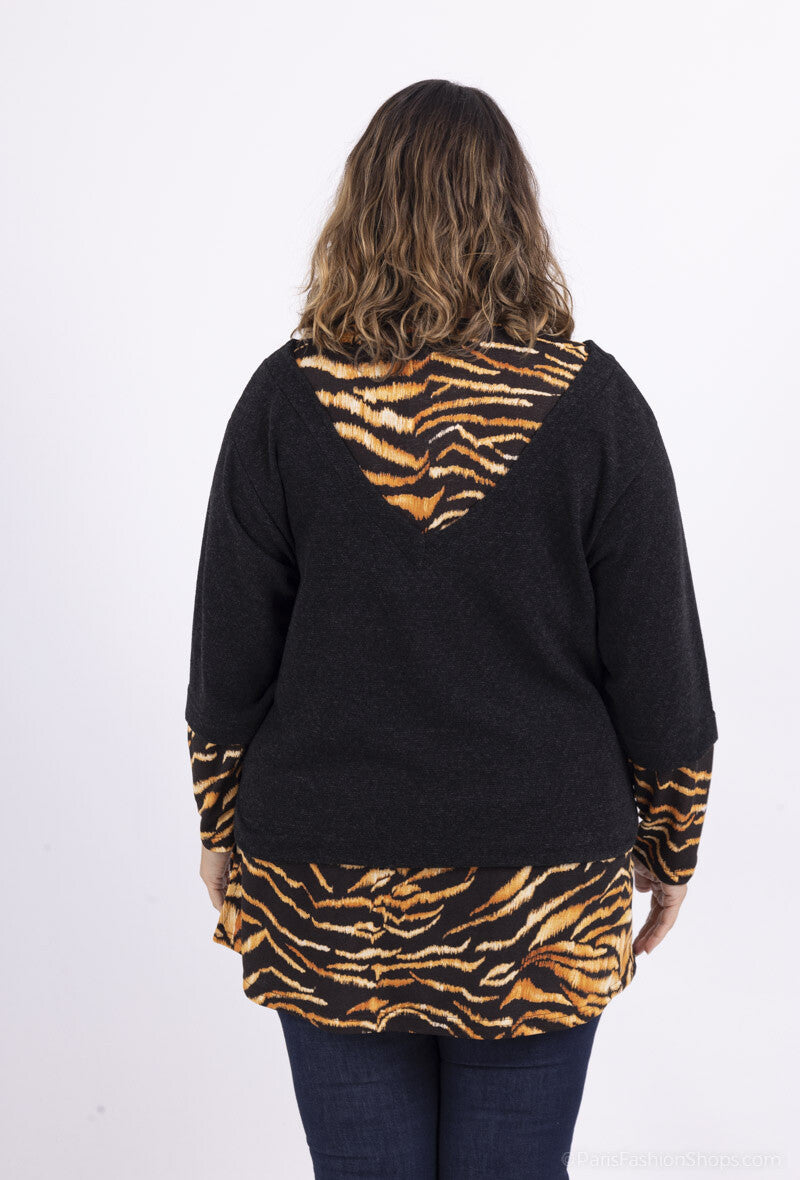 Plus Size Enkel Stickad Tröja med Tryckt Overlay