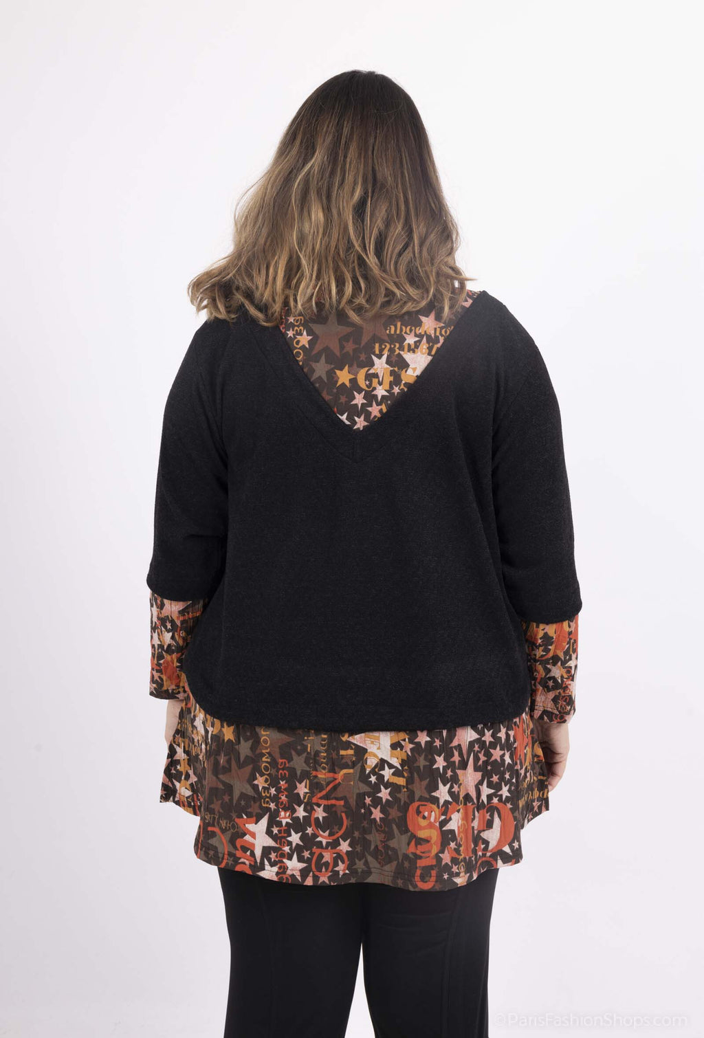 Plus Size Stickad Tröja med Tryckt Overlay