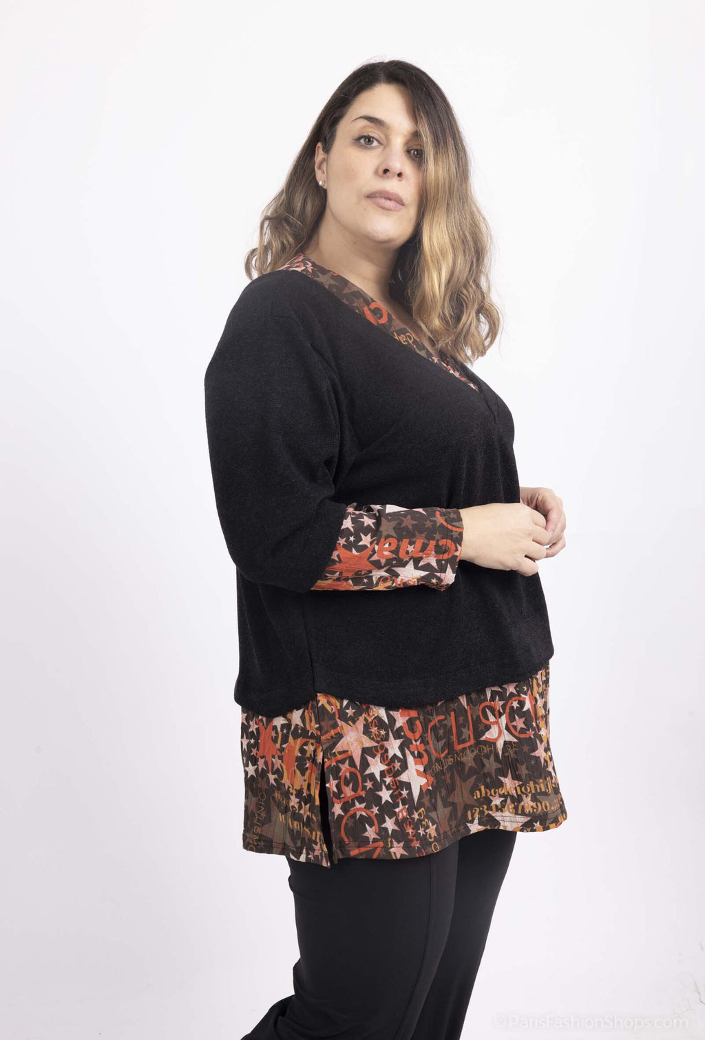 Plus Size Stickad Tröja med Tryckt Overlay