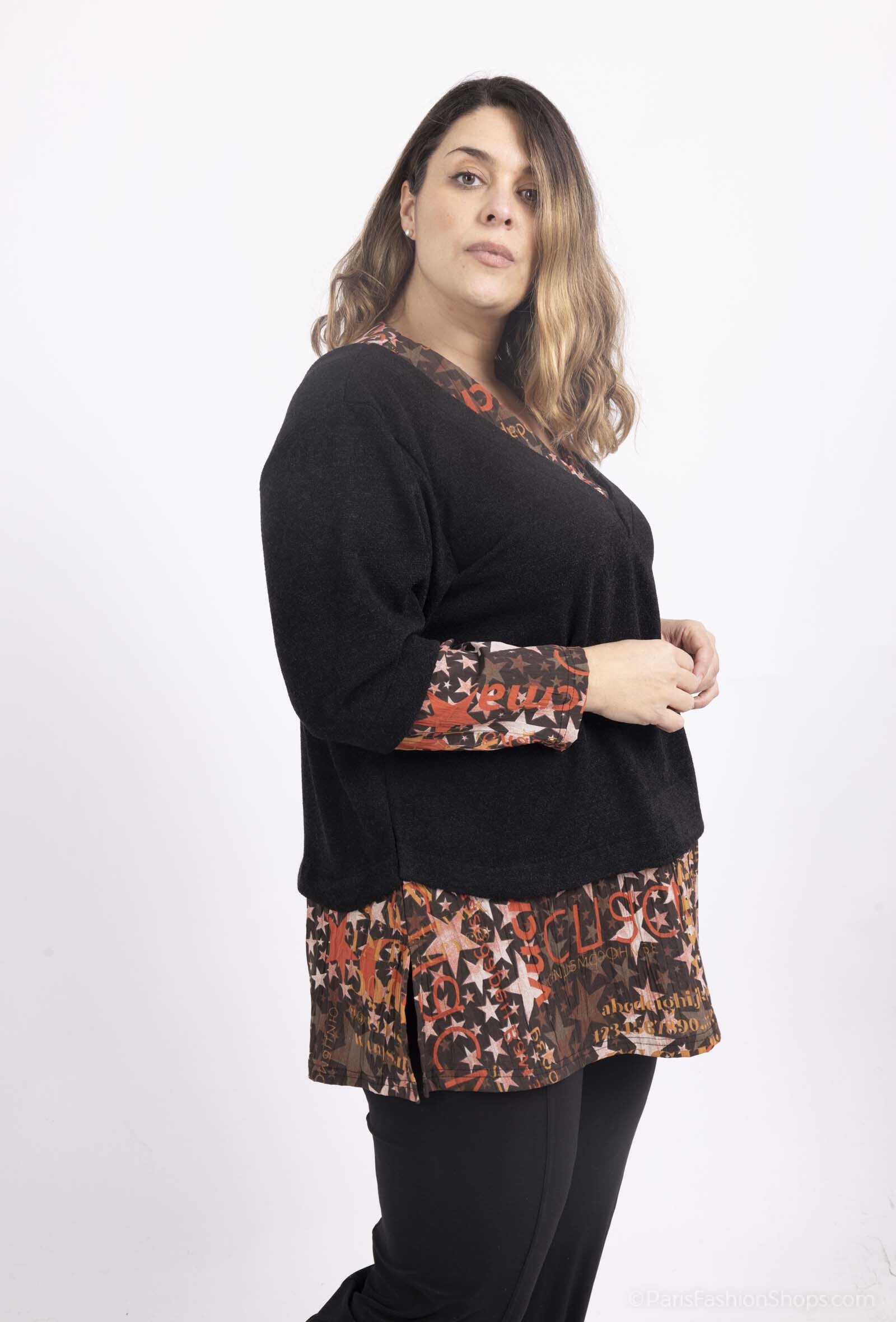 Plus Size Stickad Tröja med Tryckt Overlay