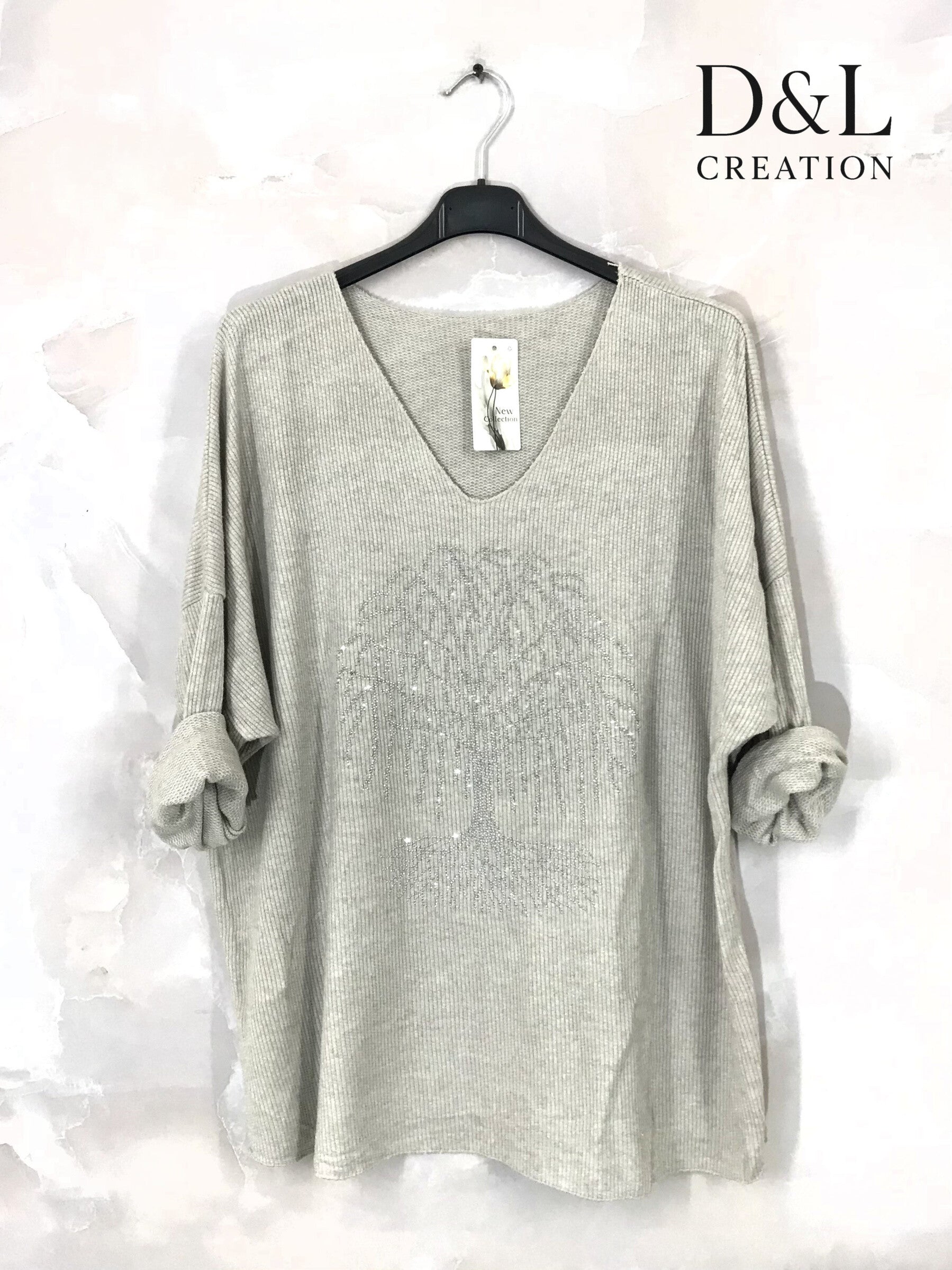 Fine knit sweater with tree of life rhinestones