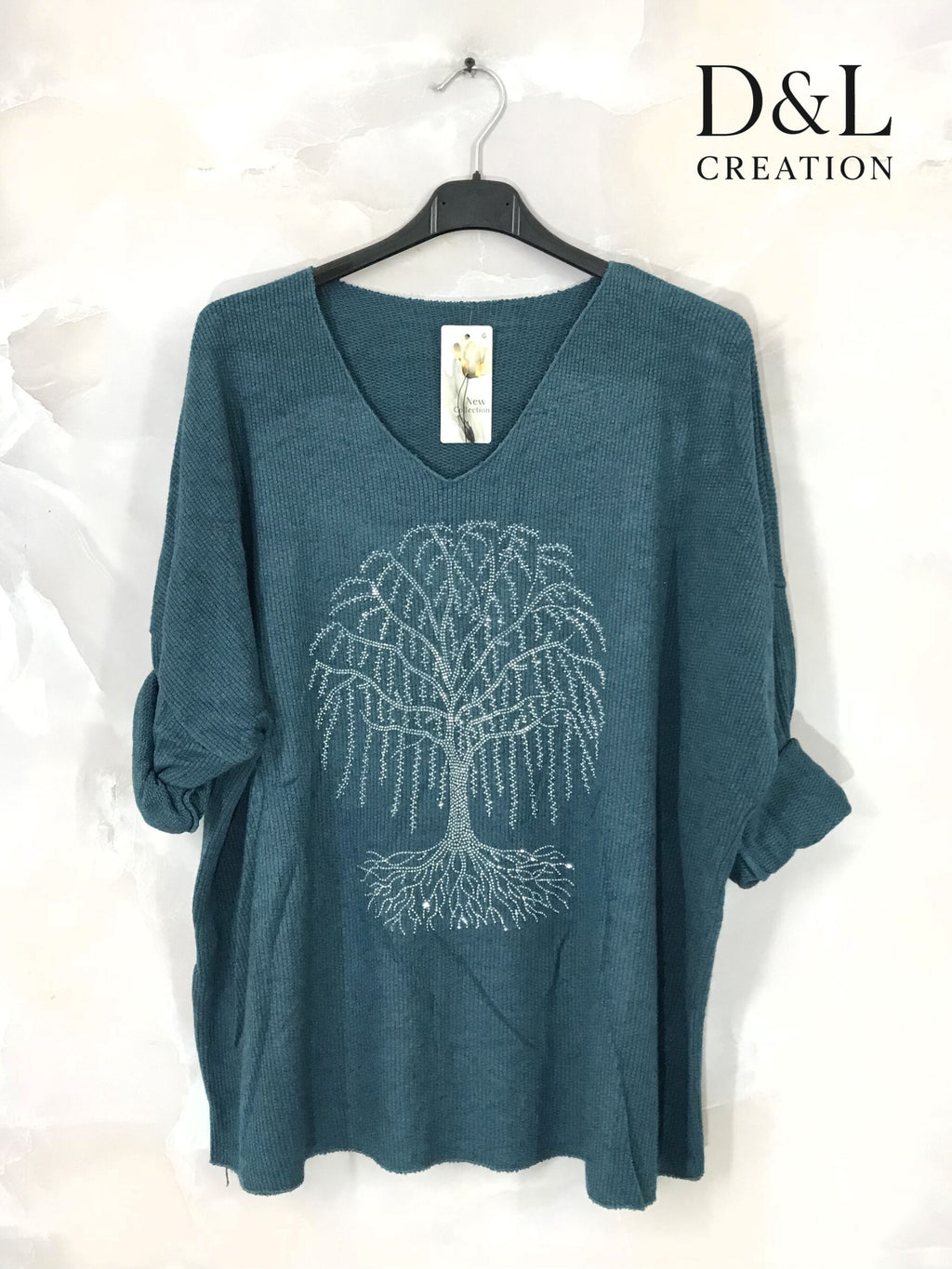 Finstickad tröja med livets träd av strass, storlekar T38 till T52