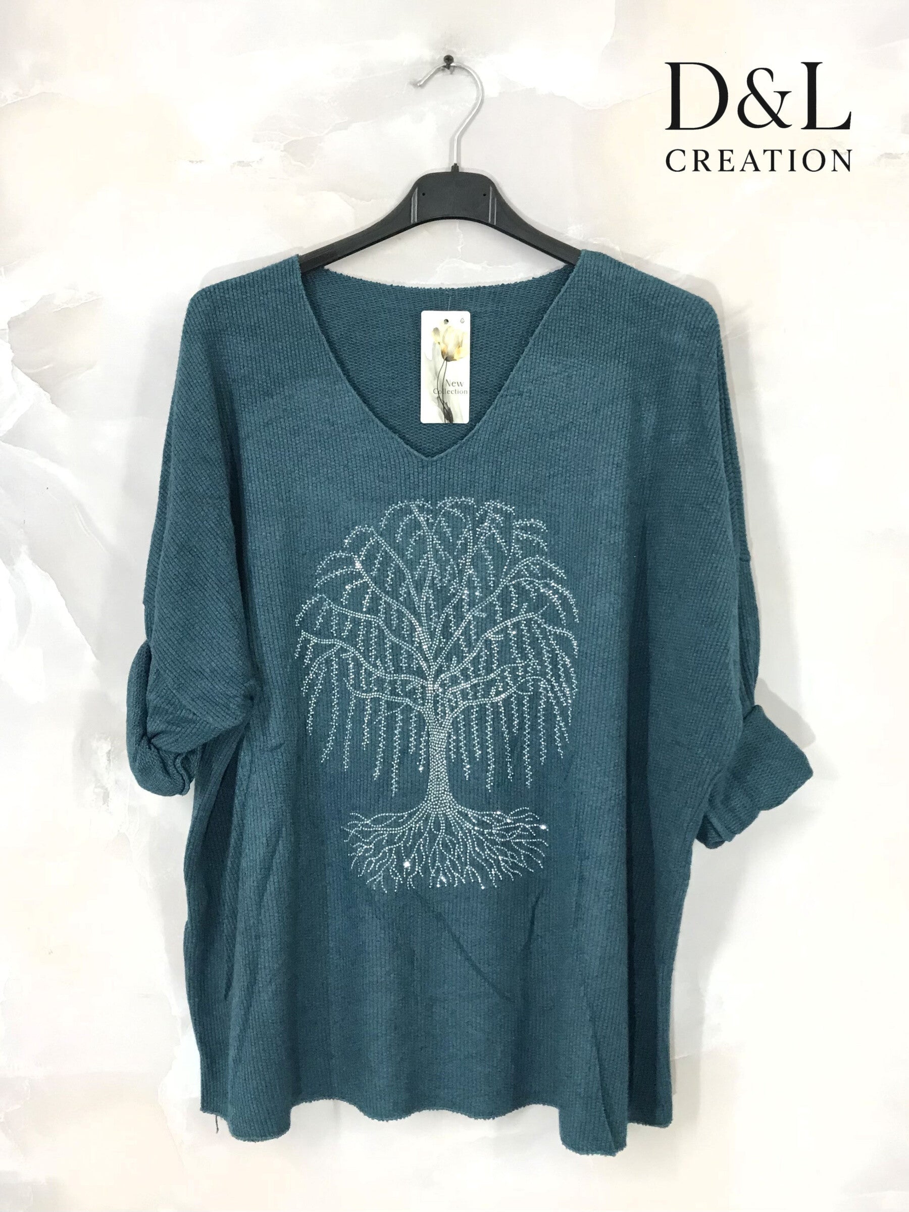 Finstickad tröja med livets träd av strass, storlekar T38 till T52