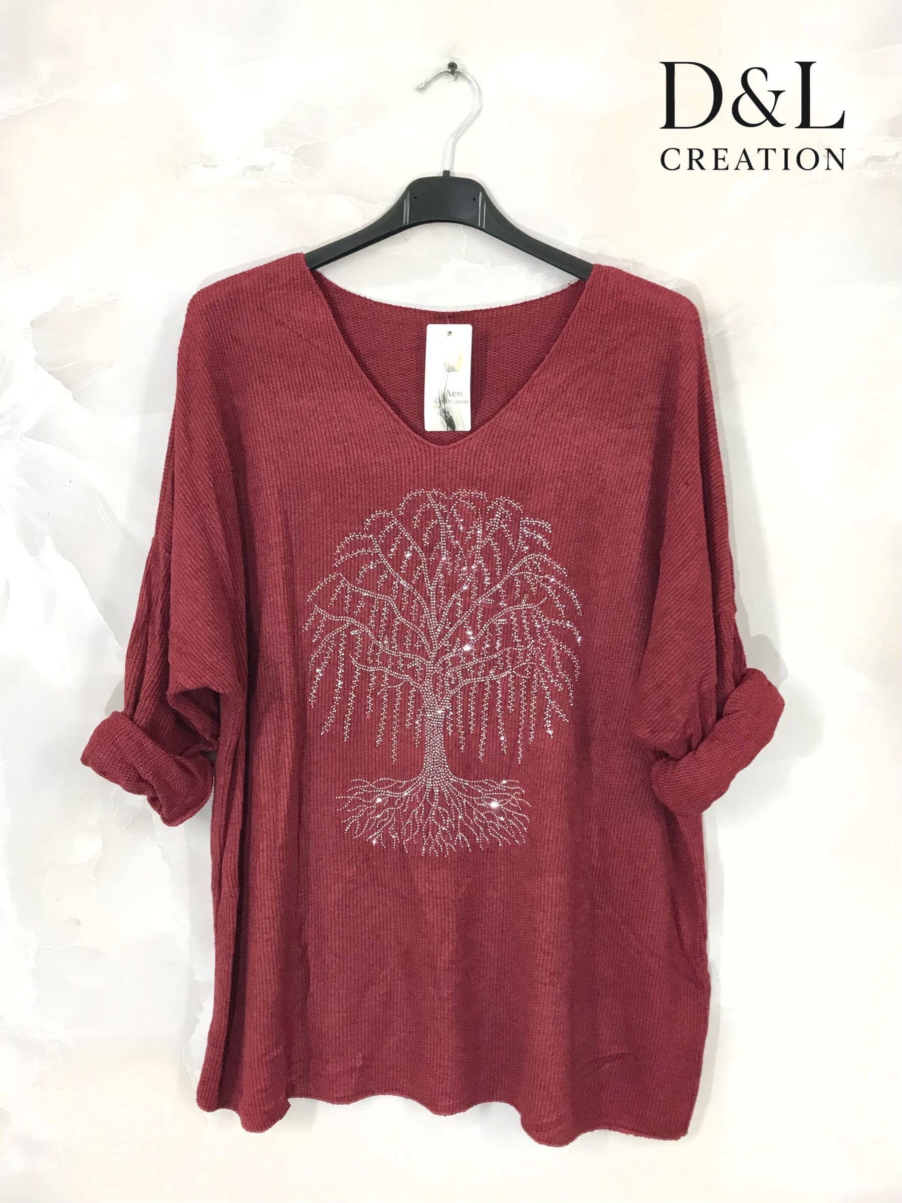 Finstickad tröja med livets träd av strass, storlekar T38 till T52