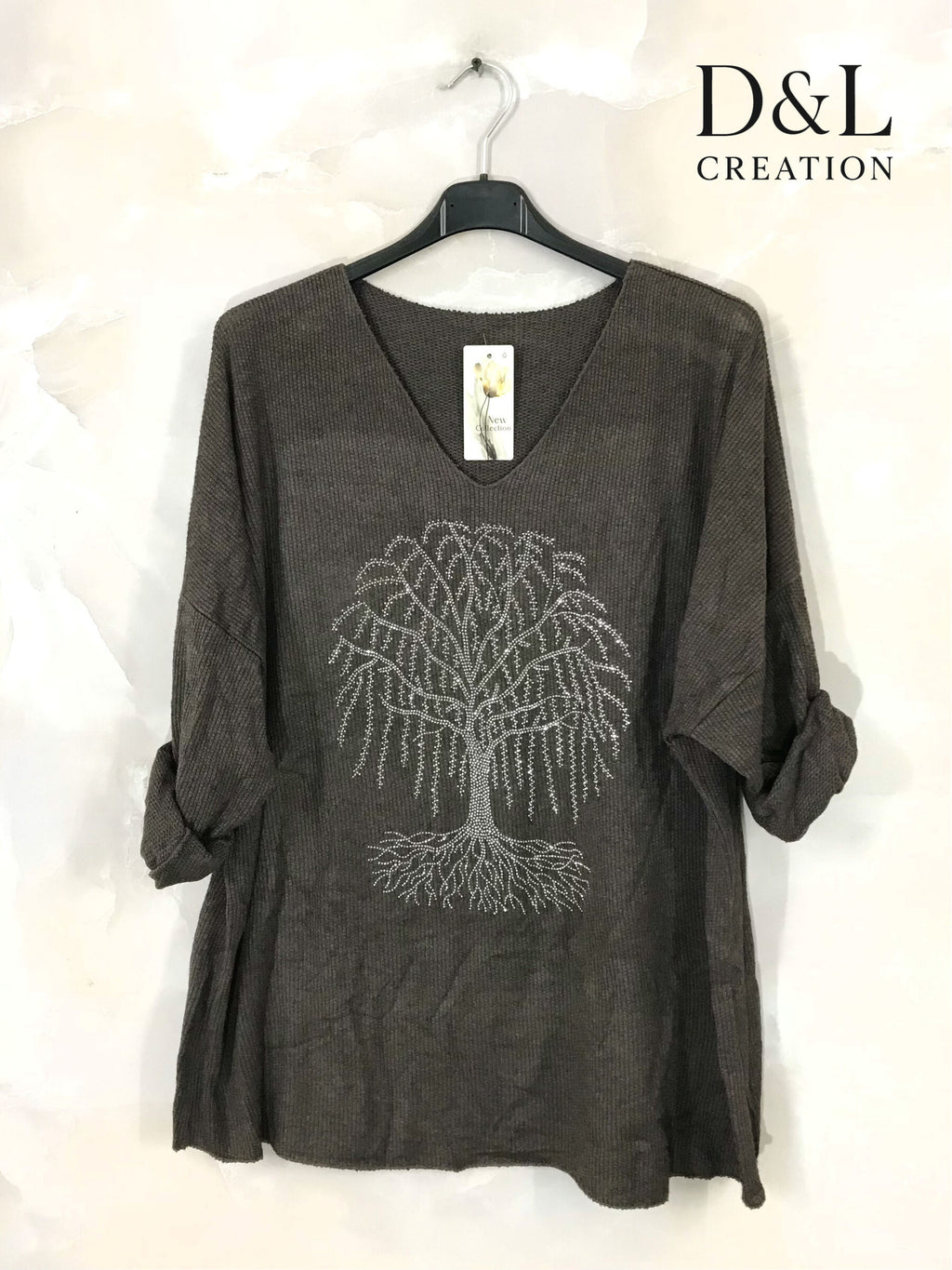 Finstickad tröja med livets träd av strass, storlekar T38 till T52