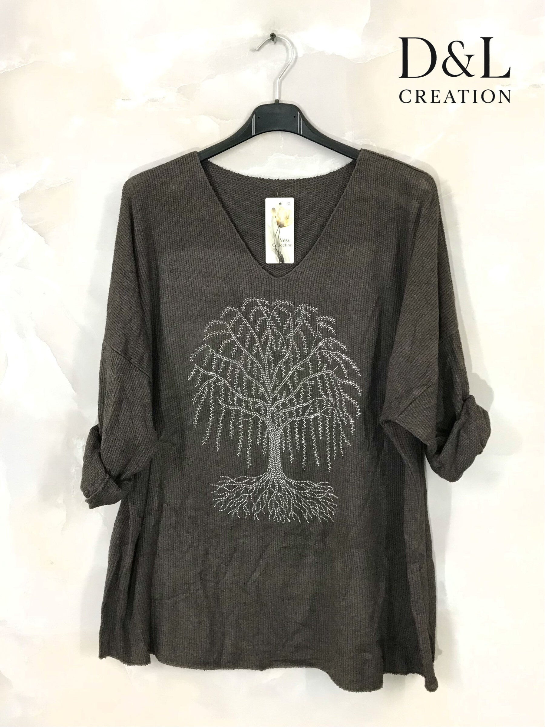 Finstickad tröja med livets träd av strass, storlekar T38 till T52