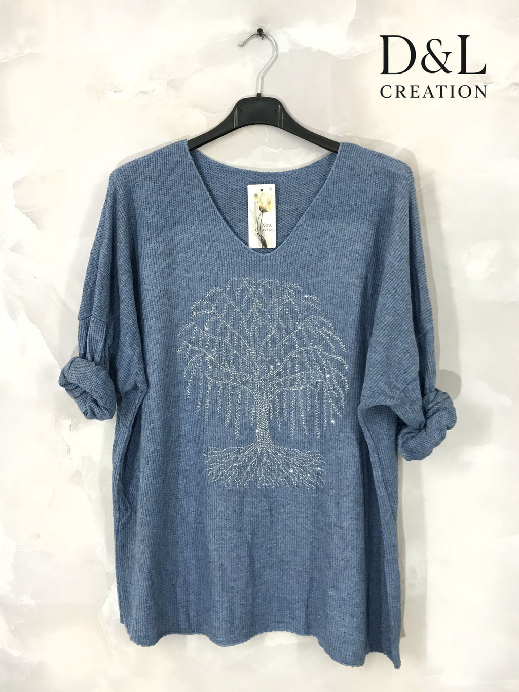 Fine knit sweater with tree of life rhinestones