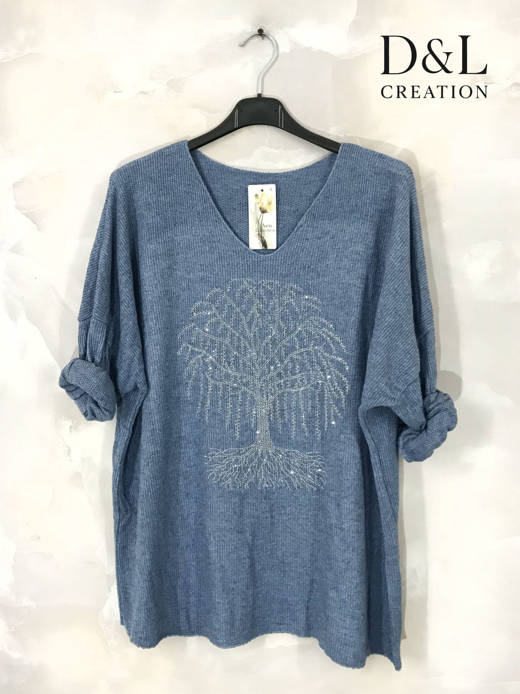 Fine knit sweater with tree of life rhinestones