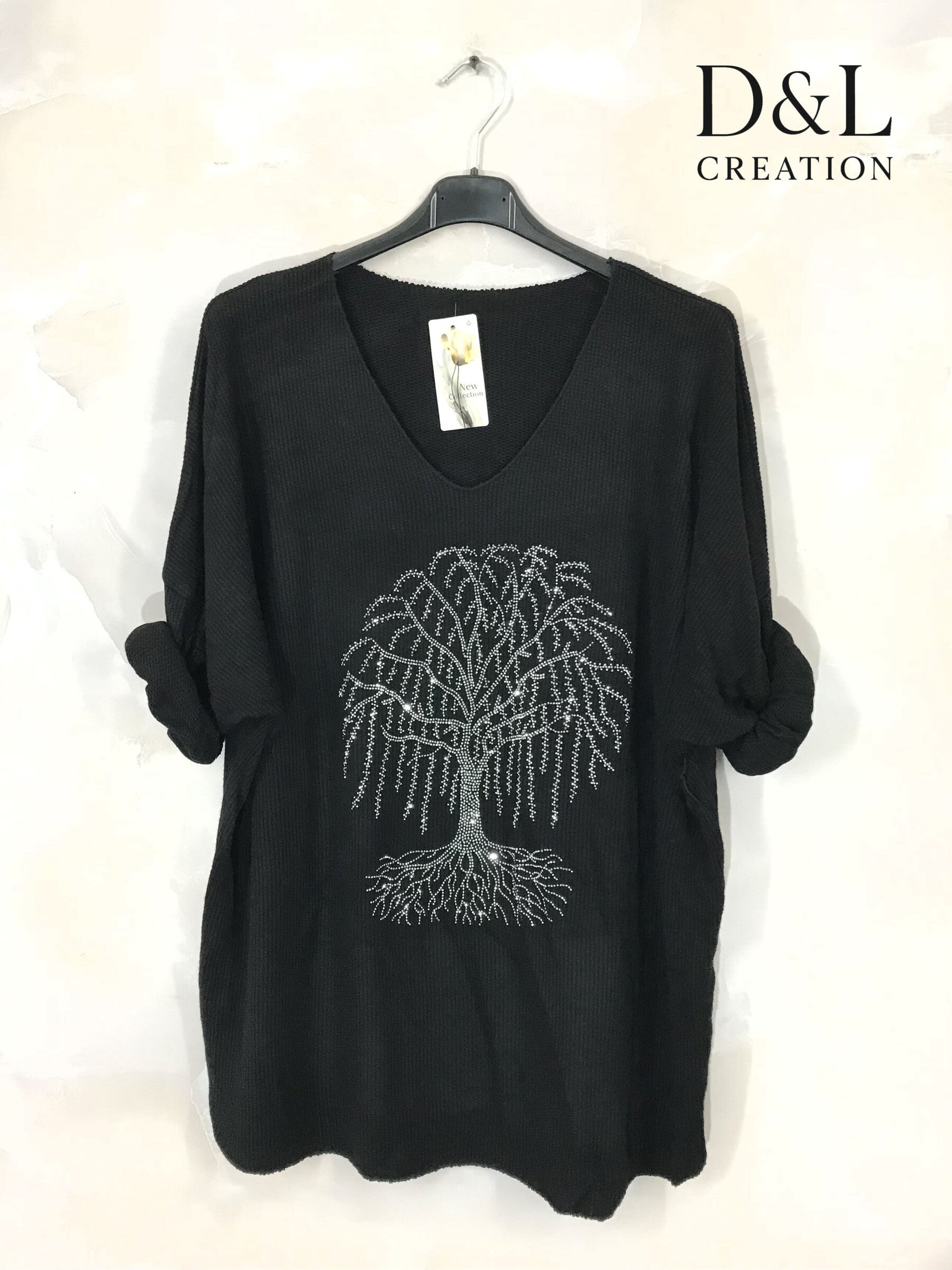 Fine knit sweater with tree of life rhinestones