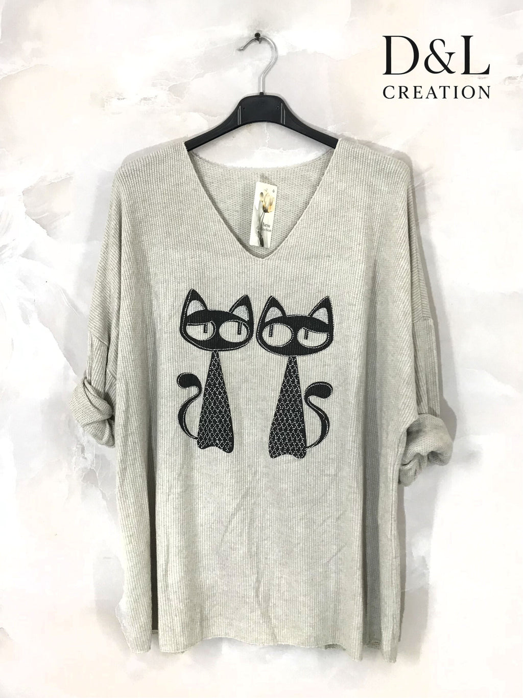 Finstickad katttröja med rhinstenar, storlekar T38 till T52 i Stor Storlek