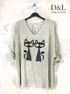 Finstickad katttröja med rhinstenar, storlekar T38 till T52 i Stor Storlek