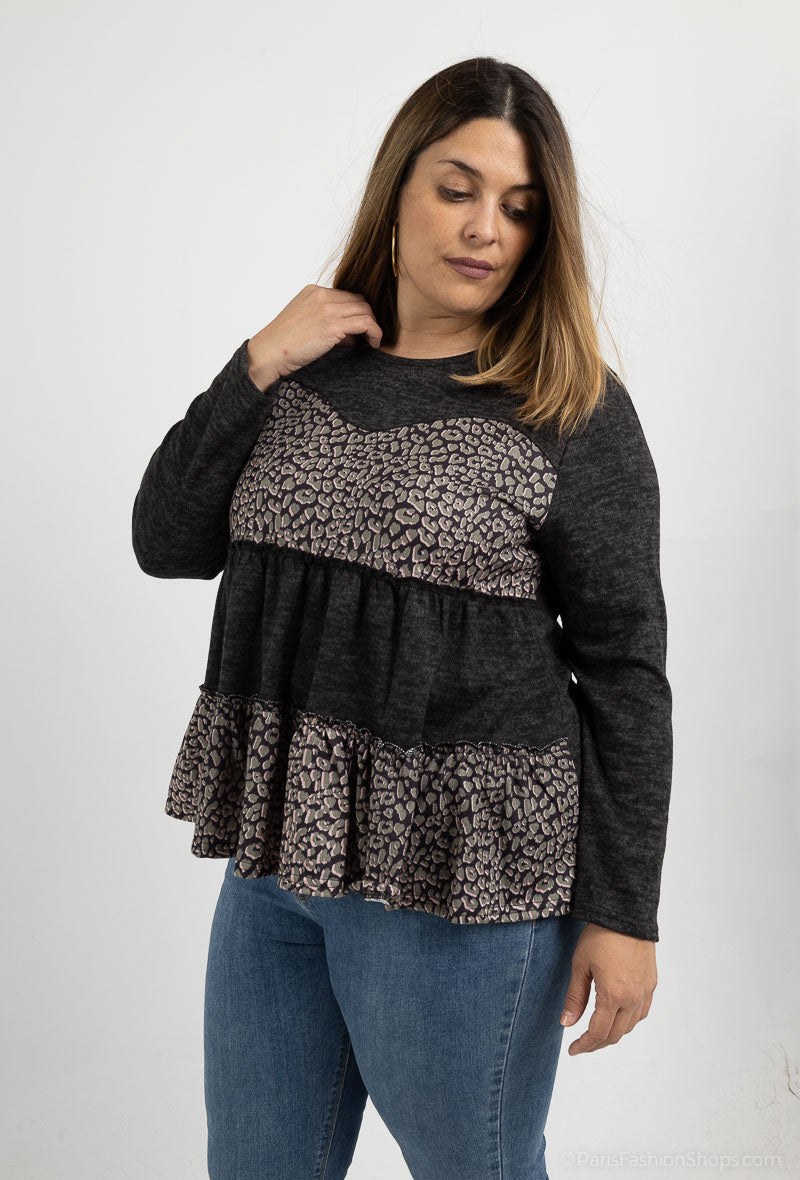 Plussize Ruffle Mönstrad Tröja