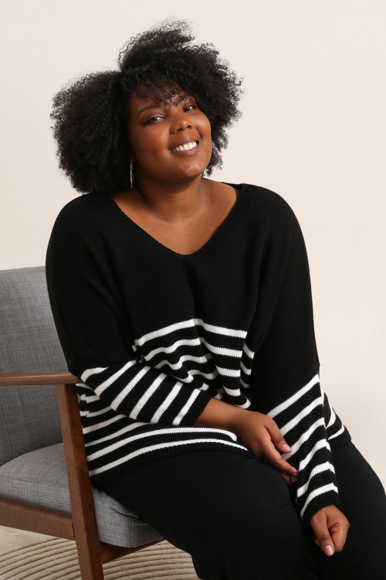 Randig Löst Stickad Tröja i Plus Size