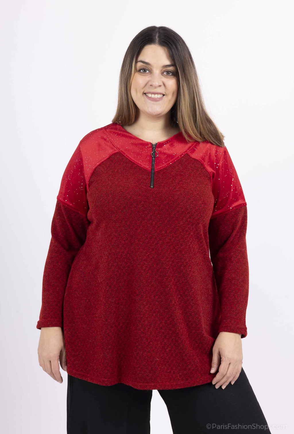 Plus Size Bi-material sweaters with sequined velvet zip