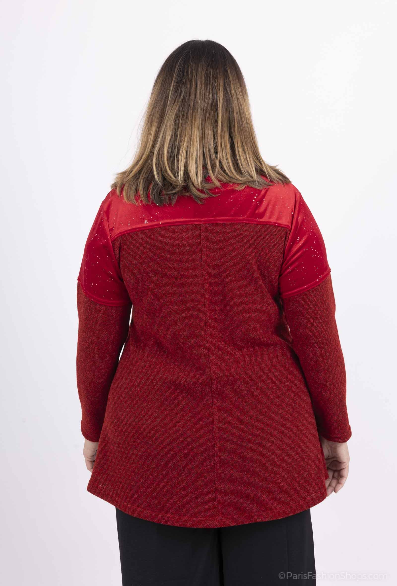 Bi-material tröjor med paljetterat velourdragkedja i Stor Storlek