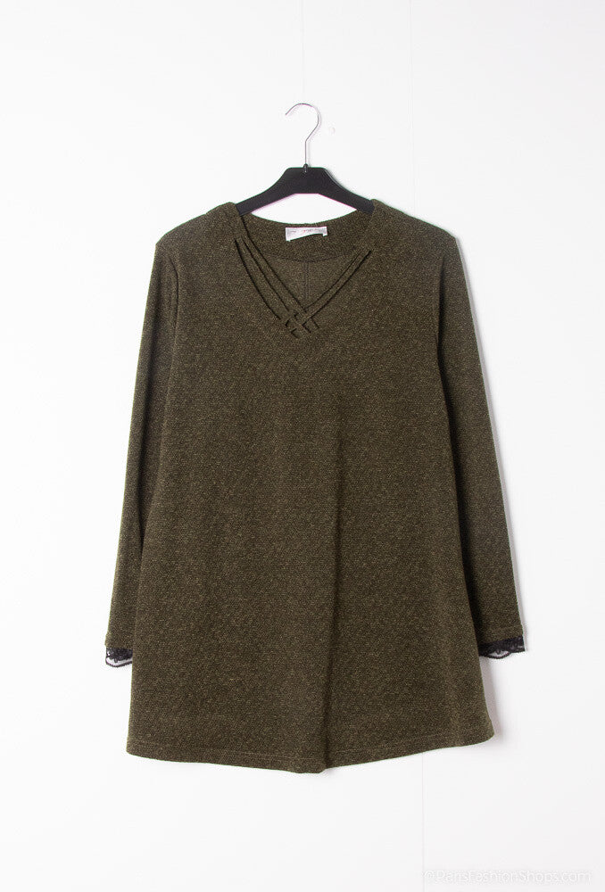 Plus Size Cross-neck sweaters with sleeves with lace