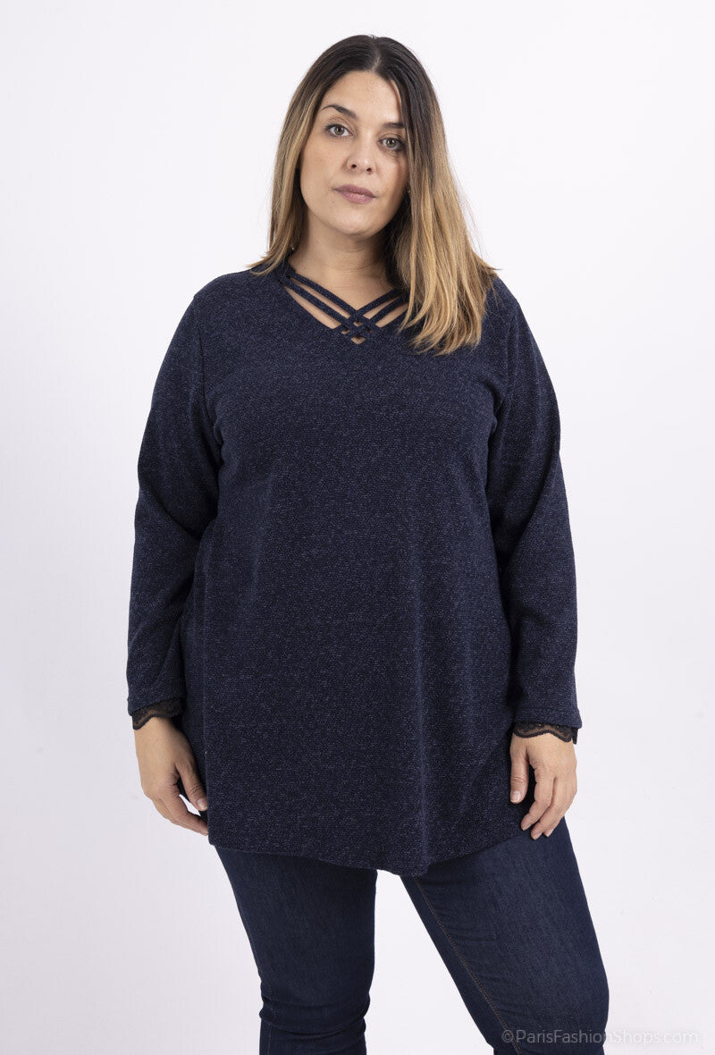 Plus Size Cross-neck sweaters with sleeves with lace