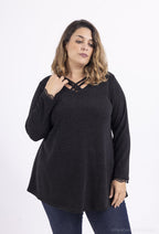 Plus Size Korshalsad Tröja med Spetsärmar