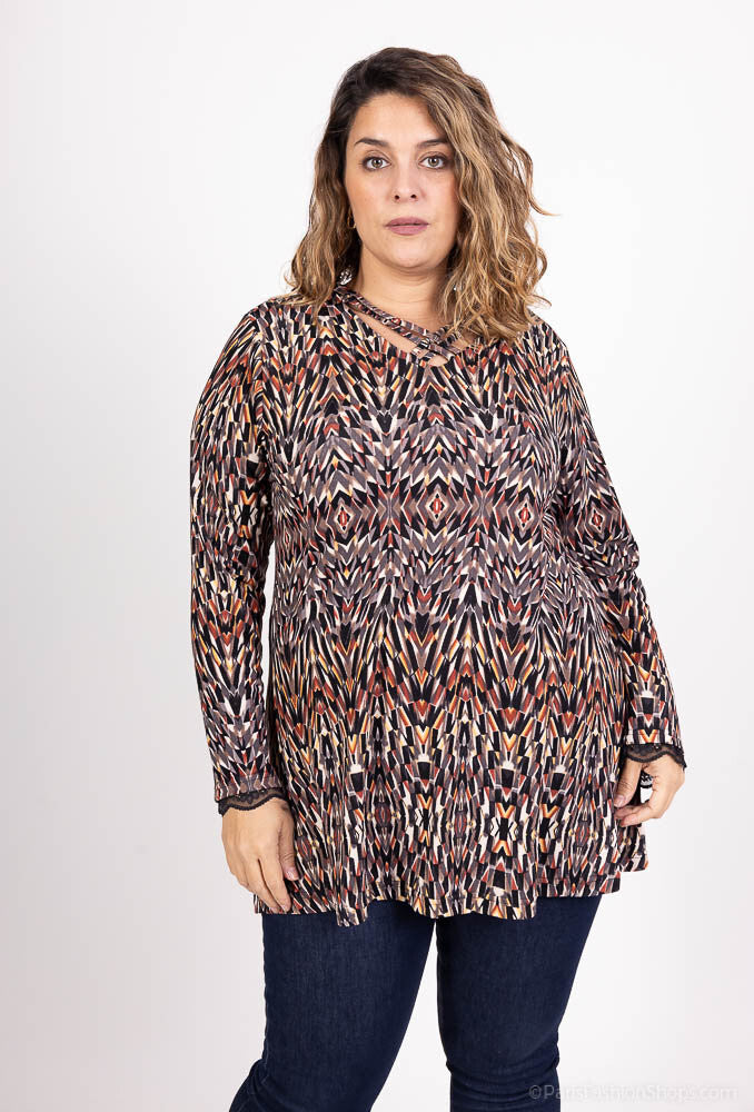 Plus Size Printed Cross-Neck Sweater with Lace Sleeves