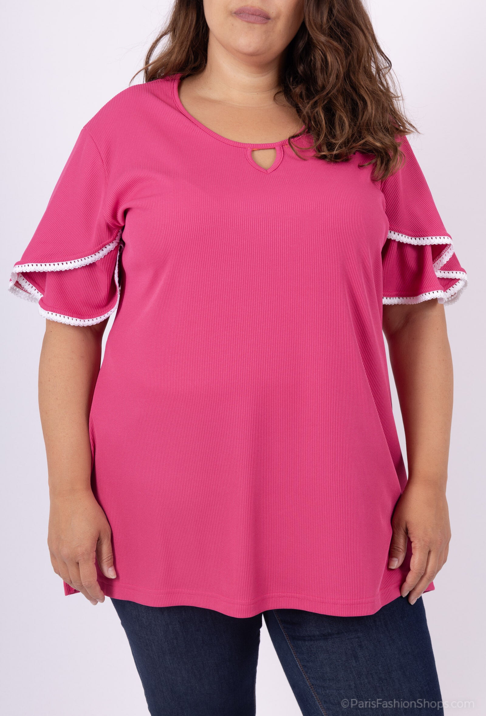 Plus Size Nyckelhåls Tunika med Fladdrande Ärmar